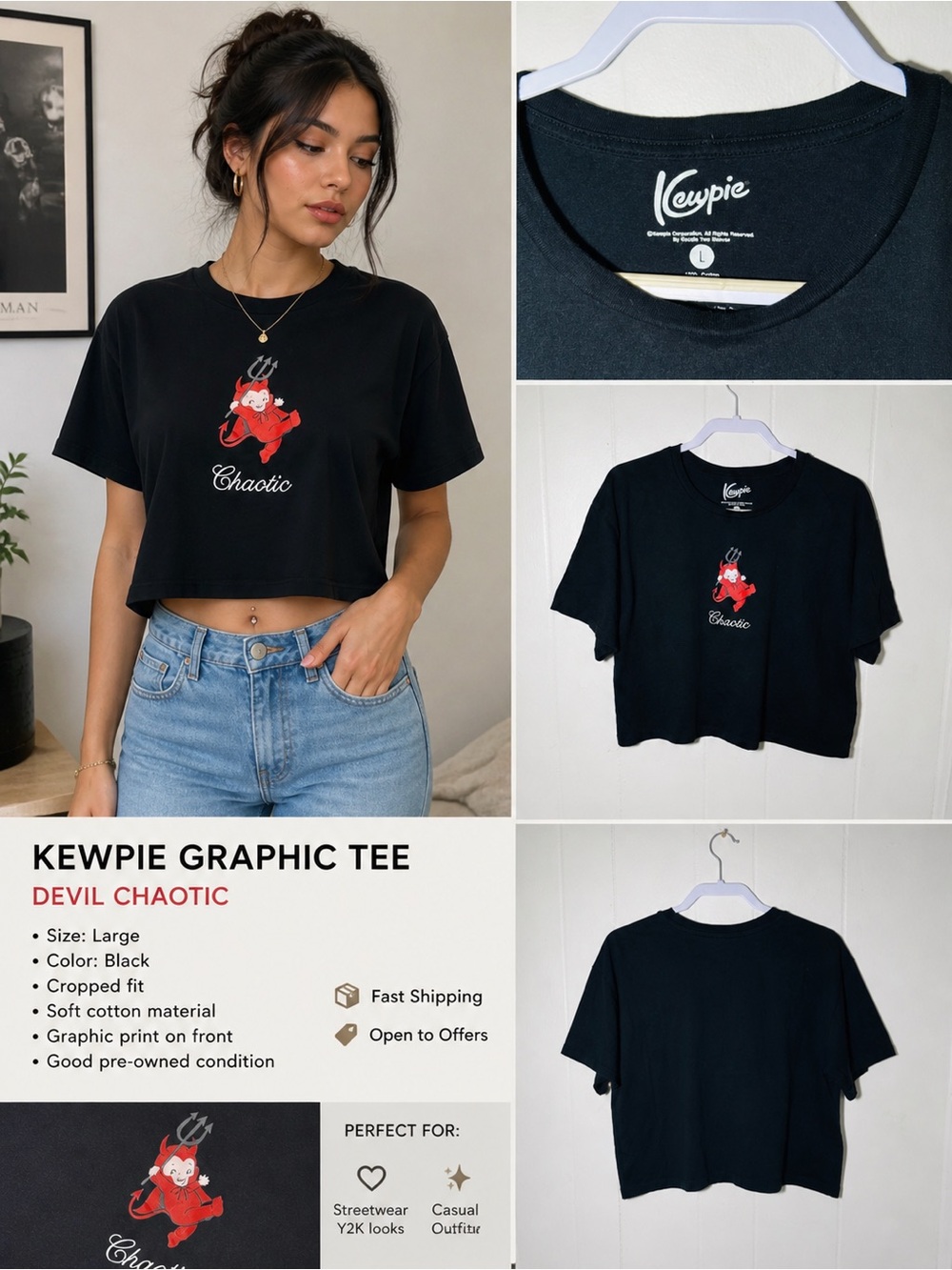 Kewpie Graphic Tee Devil Chaotic Black Crop T-Shirt Size L Streetwear